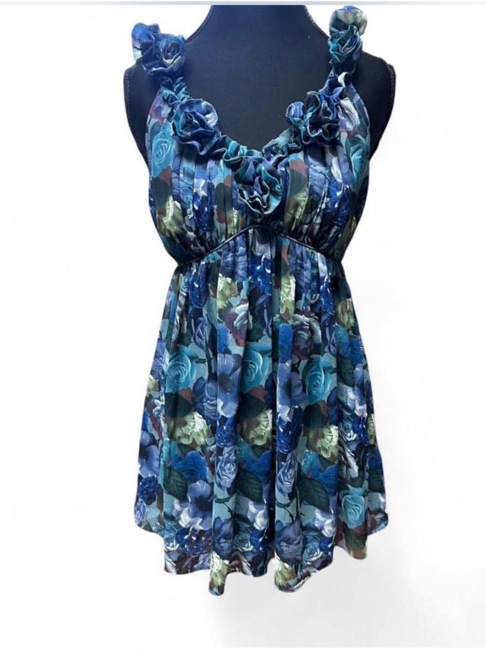 Y2K Blue Floral Rosette Mini Dress Fairycore Boho Babydoll Open Back layering
